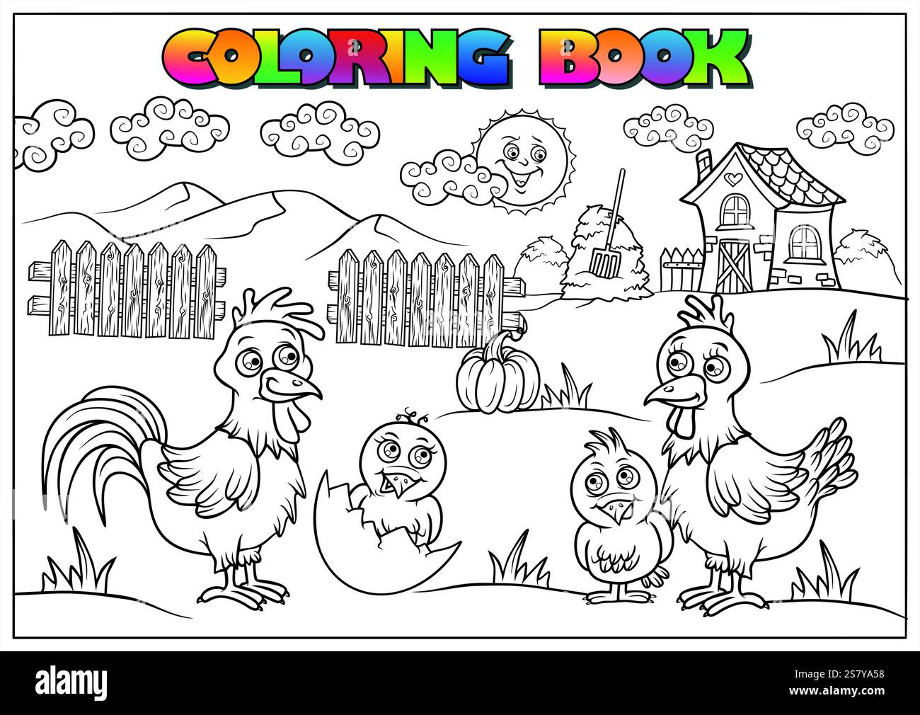 Coq, poule et poussins dans une scène de ferme avec un soleil souriant, une citrouille, du foin, une clôture en bois et une maison, prête à être colorée. Illustration de Vecteur
