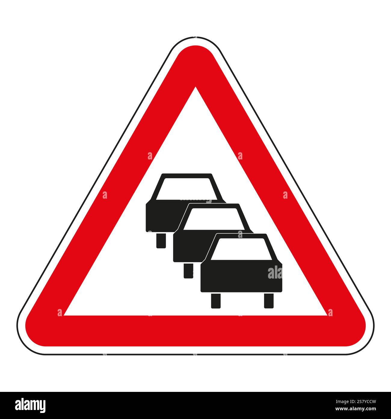 Panneau rouge triangulaire d'avertissement de file d'attente signalant le ralentissement ou l'arrêt de la circulation en avant. Illustration de Vecteur
