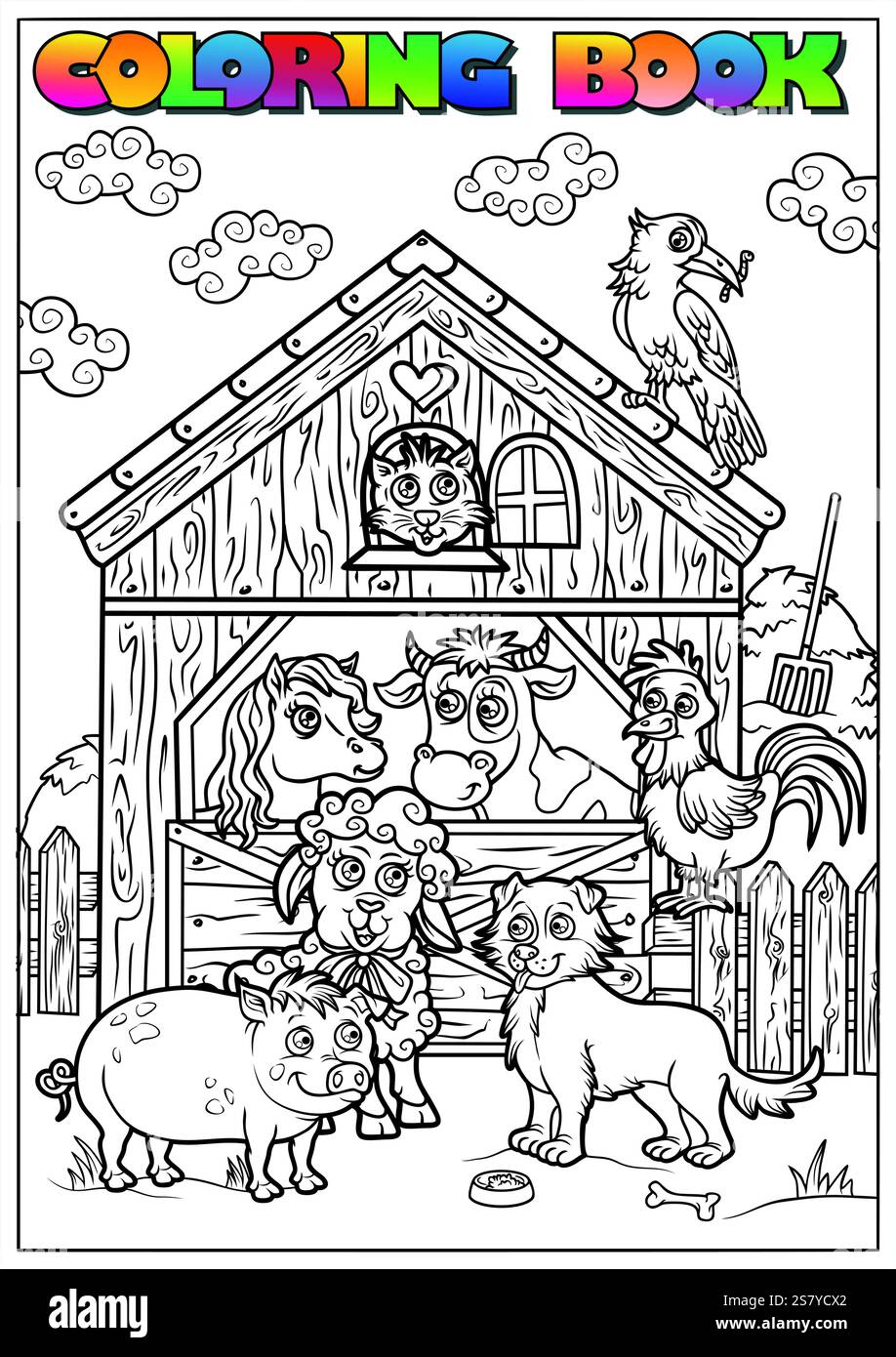Illustration en noir et blanc d'animaux de ferme mignons posant devant une grange, prêts à être colorés. Illustration de Vecteur