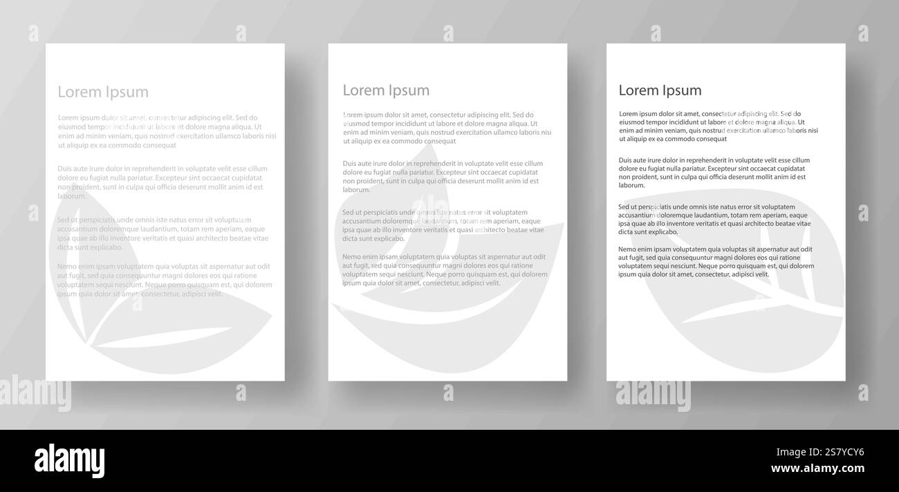 Trois modèles de maquette de lettre A4 avec texte lorem ipsum et filigrane floral. Les documents sont affichés sur un fond gris clair. Concept de Illustration de Vecteur