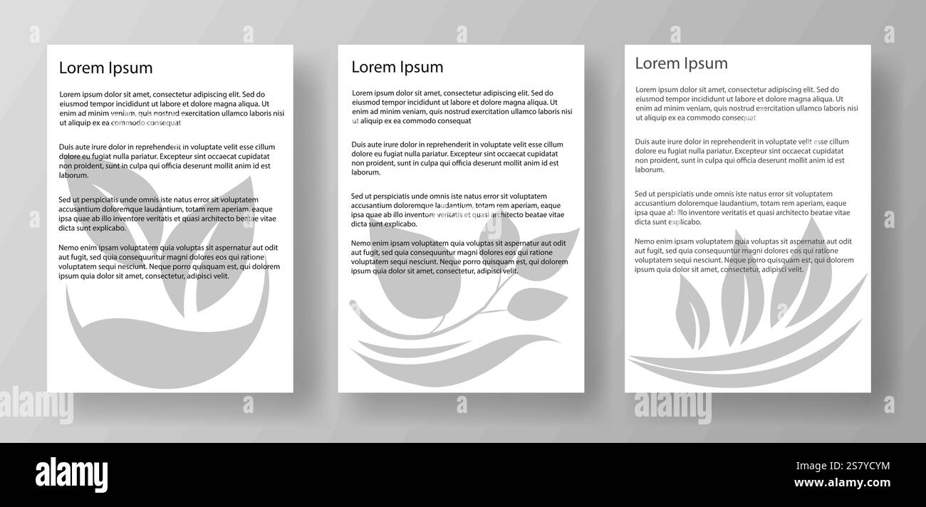 Trois modèles de maquette de lettre A4 avec texte lorem ipsum et filigrane floral. Les documents sont affichés sur un fond gris clair. Concept de Illustration de Vecteur