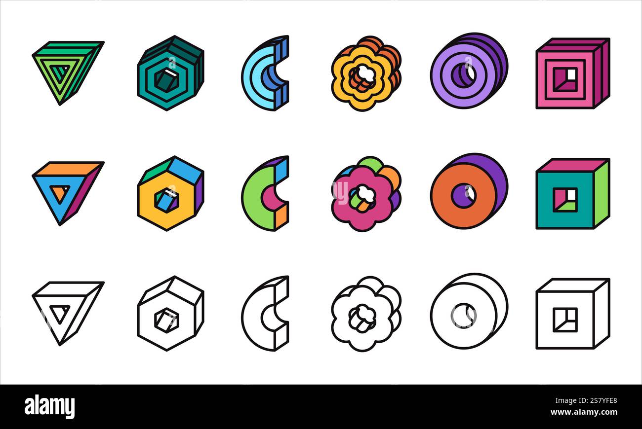Elément géométrique 3D objet coloré Memphis Bauhaus style néo-brutalisme cercle triangle rectangle boîte cube hexagone courbé formes décoratives Illustration de Vecteur
