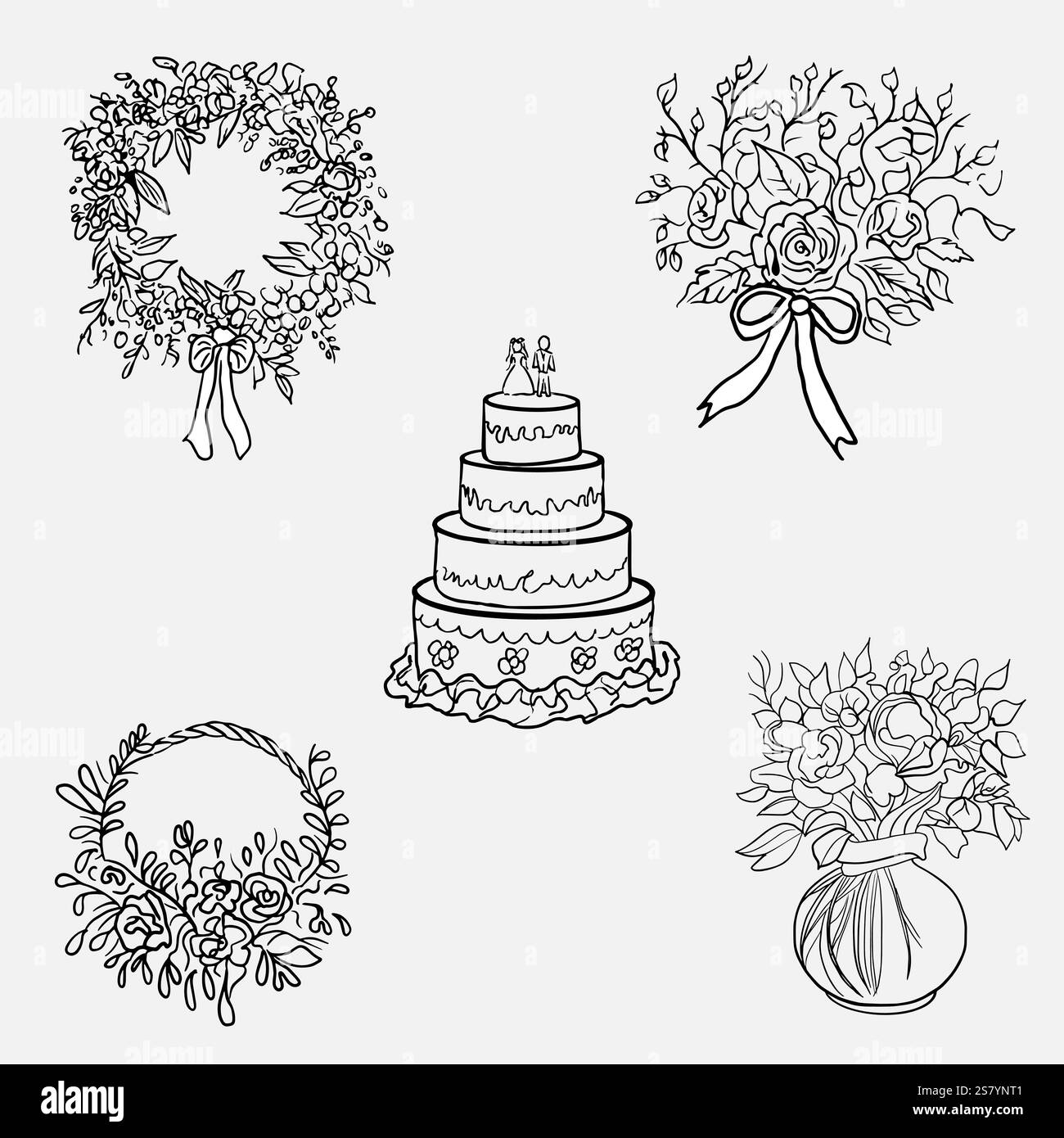 Ensemble de mariage de gâteau et différents bouquets autour. Illustration vectorielle dans le style d'esquisse au crayon. Pour créer des invitations de mariage, des cartes, des publicités. Illustration de Vecteur