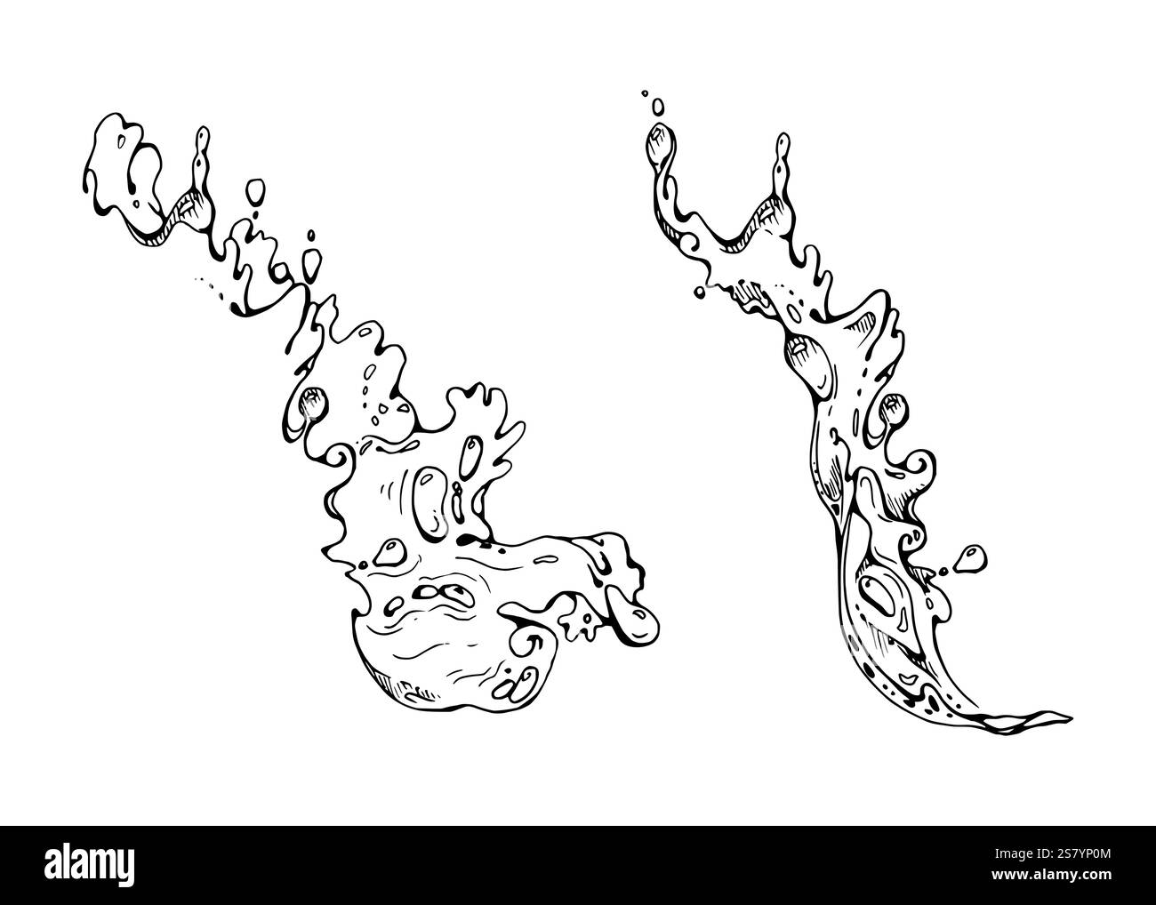 Éclaboussures bulles vagues avec des gouttes de rosée, écoulement d'eau. Mouvement de versement de liquide, écoulement clair ondulations de pulvérisation humide. Illustration vectorielle dessinée à la main à l'encre Illustration de Vecteur