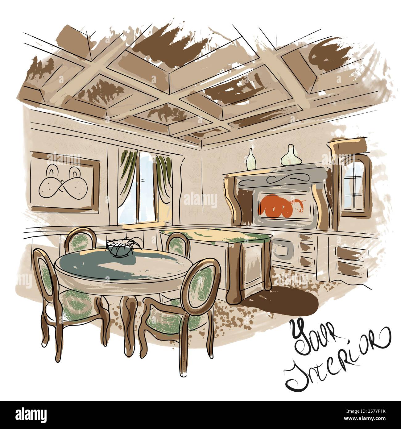 Concept intérieur de salon de style rustique. Un croquis linéaire peint avec des coups de pinceau imprudents. Illustration vectorielle 3D. Pour créer des affiches publicitaires, Illustration de Vecteur