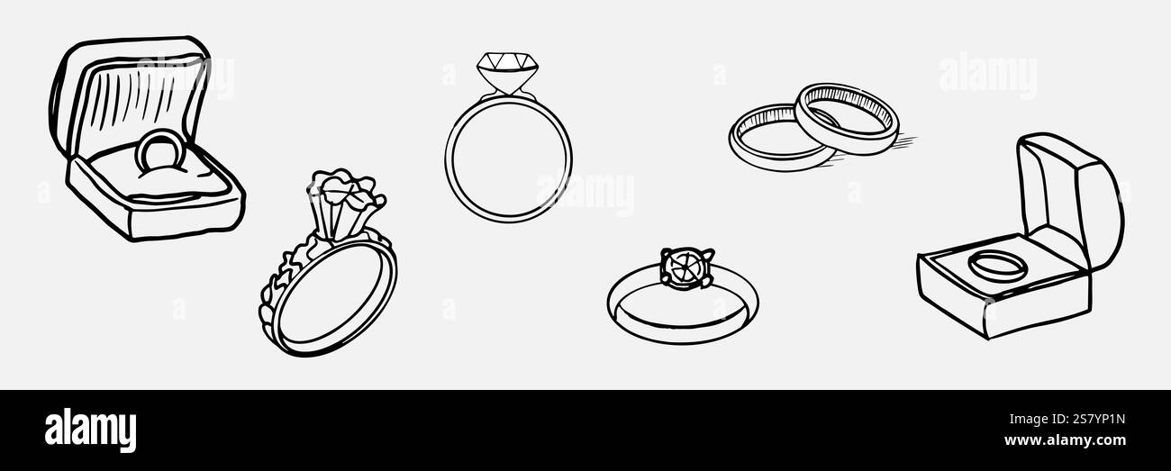Un ensemble d'anneaux de mariage. Illustration vectorielle dans le style d'une esquisse à main levée. Divers anneaux dans et sans cas. Pour créer des invitations de mariage, carte Illustration de Vecteur