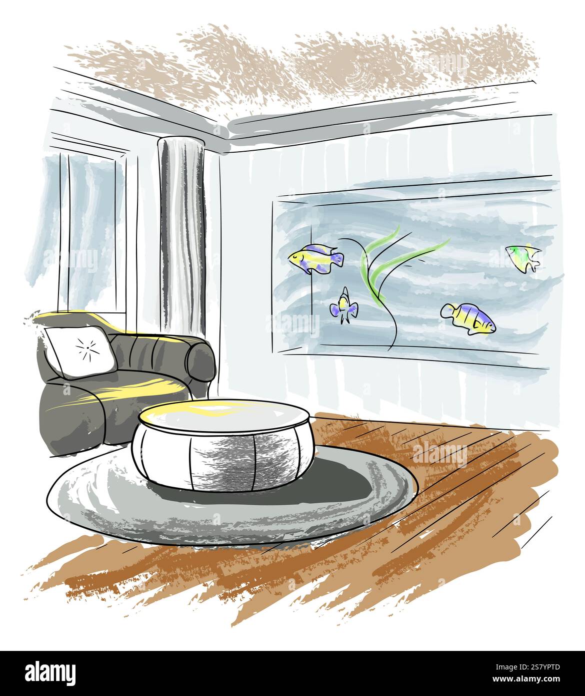Le concept intérieur d'une salle de loisirs avec un aquarium dans le mur. Un croquis linéaire peint avec des coups de pinceau imprudents. Illustration vectorielle 3D. À Illustration de Vecteur