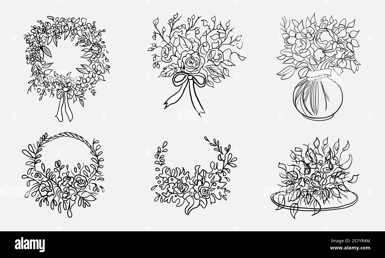 Un ensemble de bouquets et couronnes festifs. Illustration vectorielle dans le style d'esquisse au crayon. Pour créer des invitations de mariage, des cartes, des publicités. Illustration de Vecteur