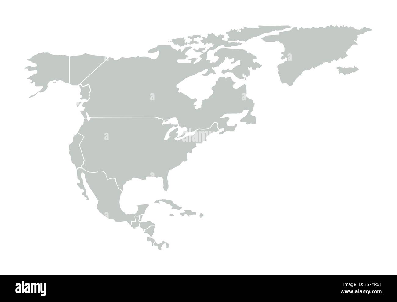 Contour vectoriel de l'Amérique du Nord, du Groenland et du golfe du Mexique. Carte des gris sur fond blanc. Carte du monde Illustration de Vecteur