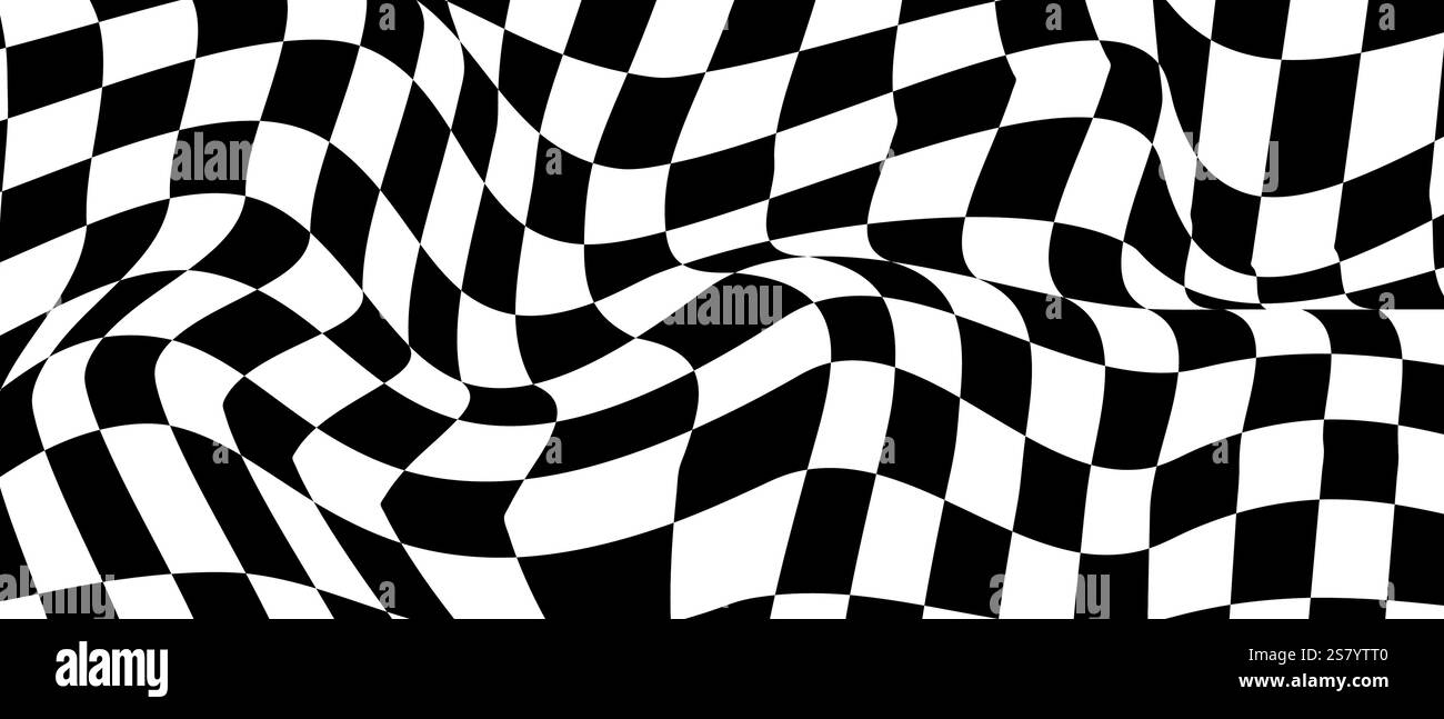 Illusion visuelle optique de tableau ondulé d'échecs, modèle de bannière de damier. Carrés de damiers noirs et blancs, fond abstrait vectoriel Illustration de Vecteur