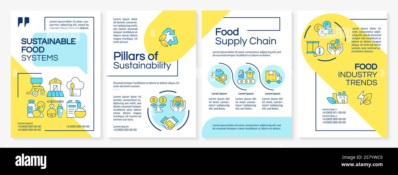 Modèle de brochure bleu et jaune sur les piliers de la durabilité des systèmes alimentaires Illustration de Vecteur