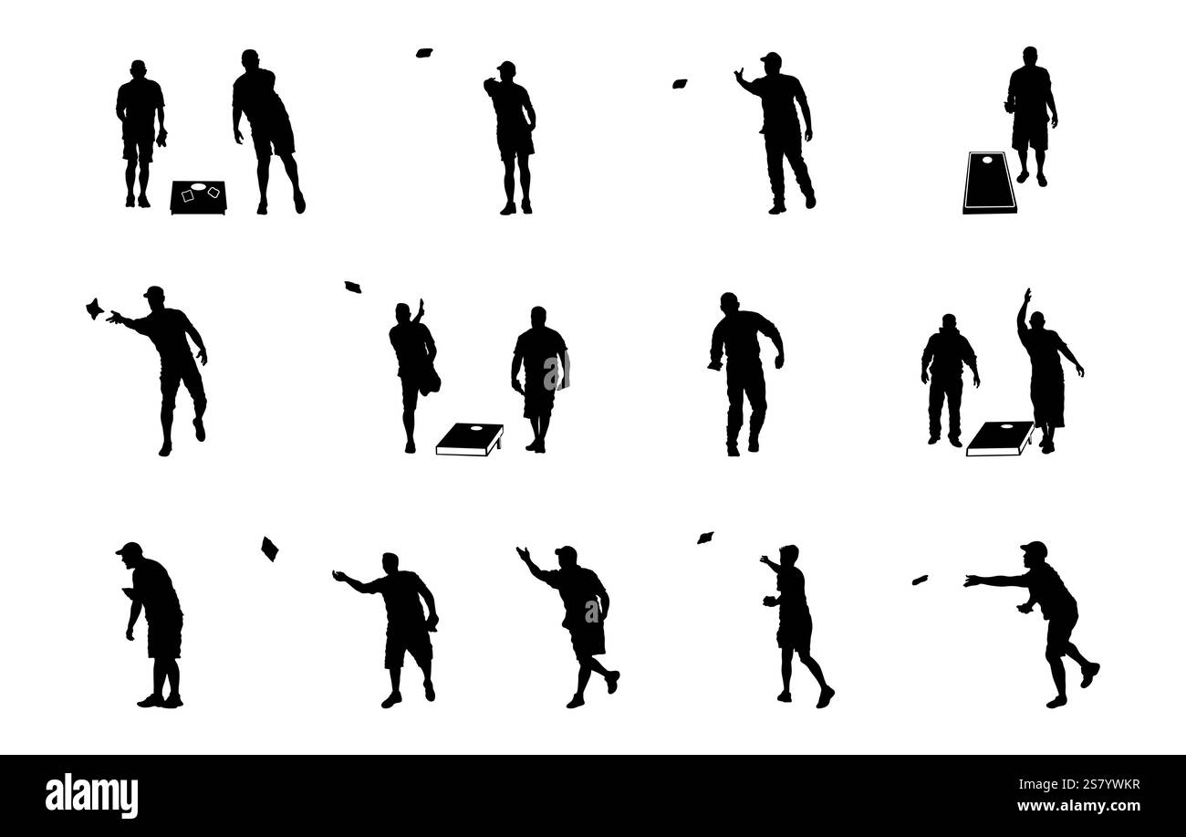 Silhouette de joueurs de Cornhole, silhouettes de Cornhole, silhouettes de sport de Cornhole, clipart de joueur de Cornhole. Illustration de Vecteur