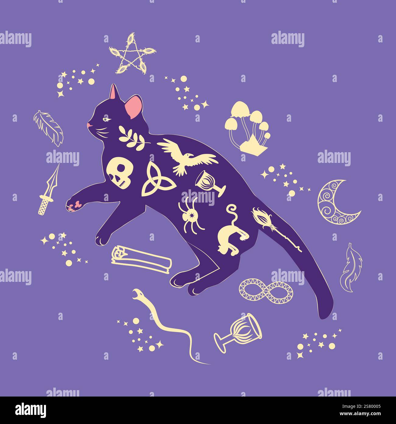 Chat mystique dans le style boho entouré d'étoiles, signes du zodiaque, balles, empreintes de pattes, collection de silhouette. Ésotérisme et mysticisme, occultisme. Dessin animé Illustration de Vecteur