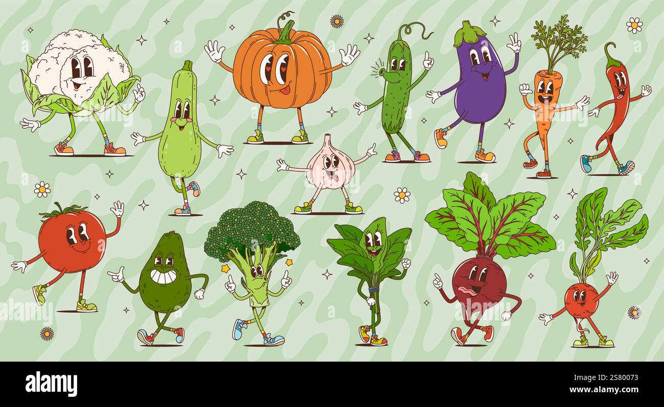 Personnages et personnages végétaux rétro groovy de dessin animé, nourriture agricole psychédélique vectorielle. Tomate groovy funky, avocat, piment et concombre, hippi Illustration de Vecteur