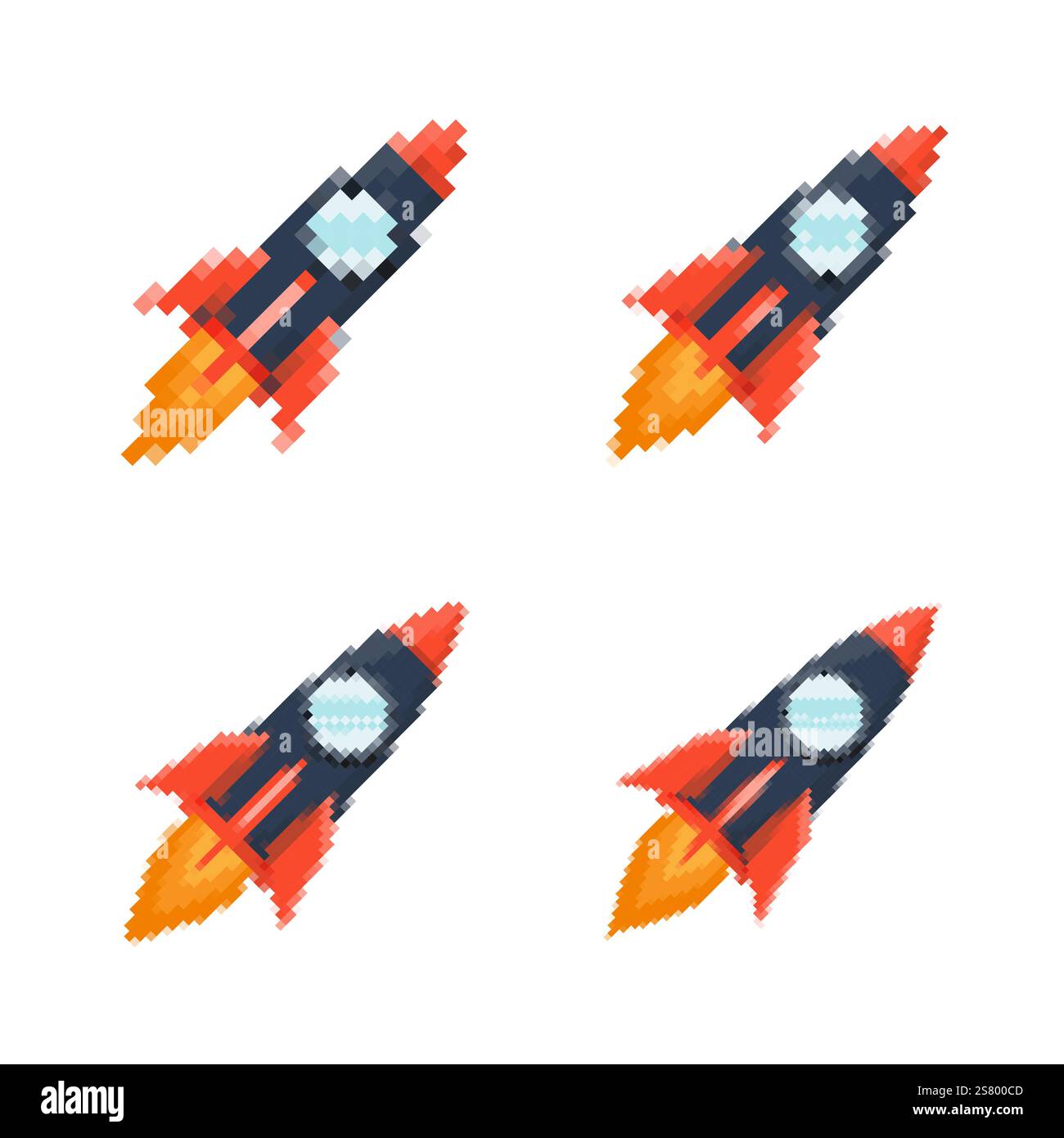 Pixel art fusée avec des pistes enflammées, des jeux rétro, des designs sur le thème de l'espace, des applications ou des animations. style 8 bits pour la technologie, la science-fiction et le futurisme Illustration de Vecteur