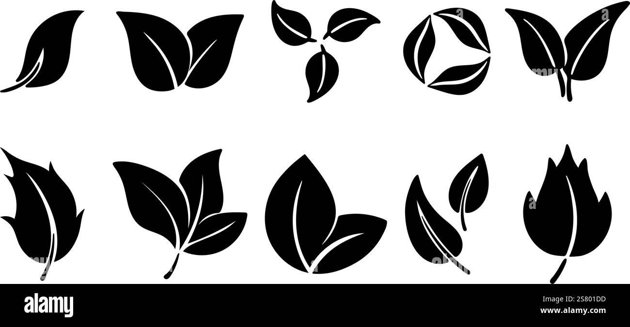 Silhouette noire feuilles définies. Collection simple d'ombres feuillages. Illustration clipart. Graphiques vectoriels Illustration de Vecteur