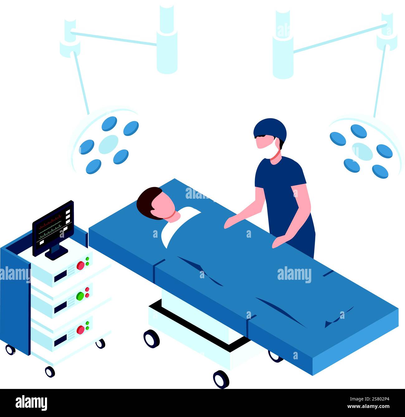 Chirurgien portant un masque chirurgical et une casquette debout à côté du patient allongé sur la table d'opération dans la salle d'opération, se préparant pour la chirurgie sous des lumières chirurgicales vives, avec l'équipement médical à proximité Illustration de Vecteur