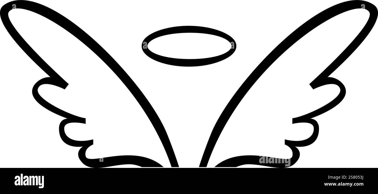 Simple dessin noir des ailes d'ange et du halo symbolisant l'innocence, la spiritualité et la présence divine, véhiculant un sentiment de paix et de protection Illustration de Vecteur