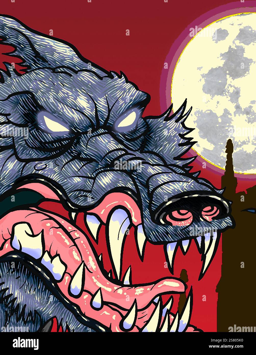 Tête de loup-garou d'art contre une pleine lune et un ciel rouge, un lycanthrope est un individu qui est maudit pour changer de forme en un loup, Navajo Skin-Walker Banque D'Images