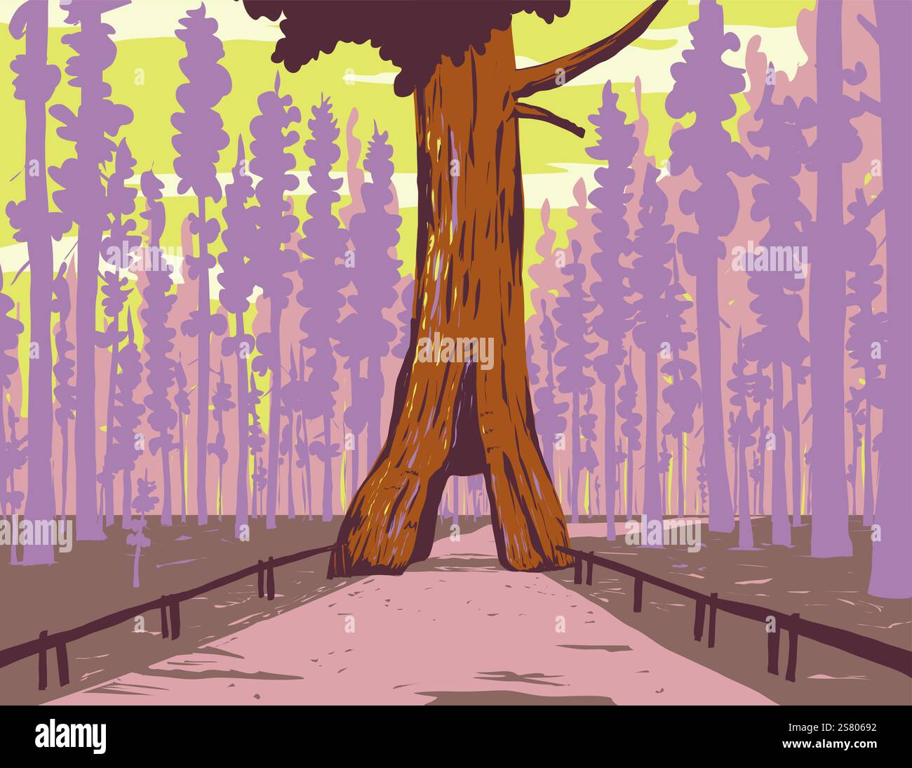 WPA affiche art de Mariposa Grove de séquoias géants situé dans la partie sud du parc national de Yosemite, Californie États-Unis fait en travaux proj Illustration de Vecteur