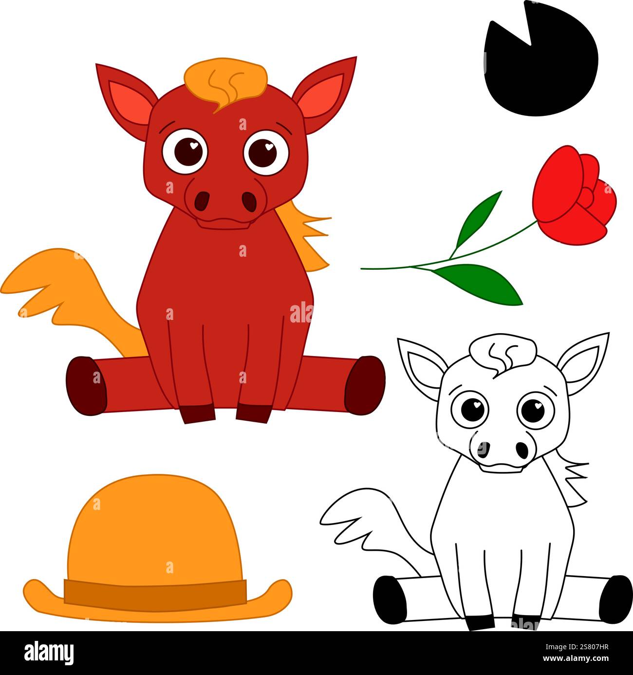 Personnage de cheval rouge mignon, illustration vectorielle de ligne graphique. Ensemble avec accessoires chapeau et fleur, pas de pied Illustration de Vecteur