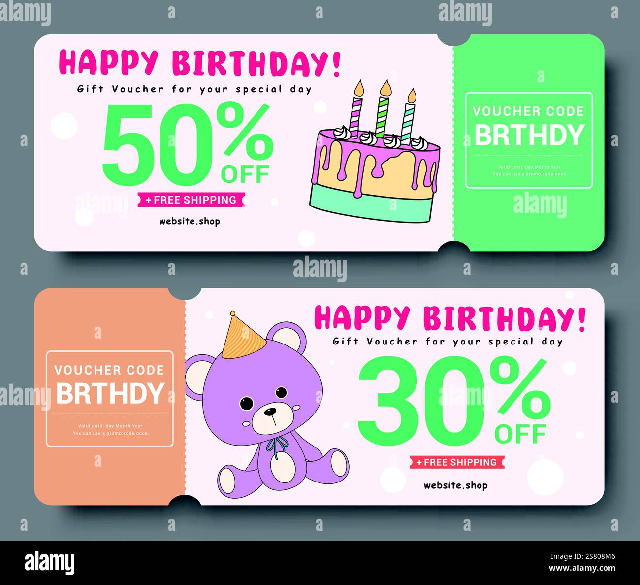 Cadeau d'anniversaire clipart carte set design. Joyeux anniversaire offre spéciale coupon certificat de réduction avec code et bday éléments clip Vecteur Illustration de Vecteur