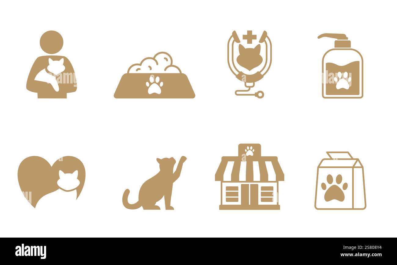 Ensemble de soins pour animaux de compagnie magasin chat animal adoption soin nourriture nutrition vétérinaire savon shampooing bouteille emballage patte logo symbole conception icône ensemble collection Illustration de Vecteur