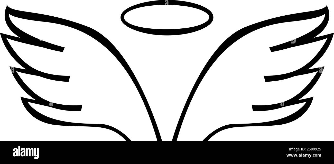 Illustration simple en noir et blanc représentant des ailes d'ange et un halo, véhiculant des concepts de pureté, de spiritualité, de présence divine et de protection Illustration de Vecteur