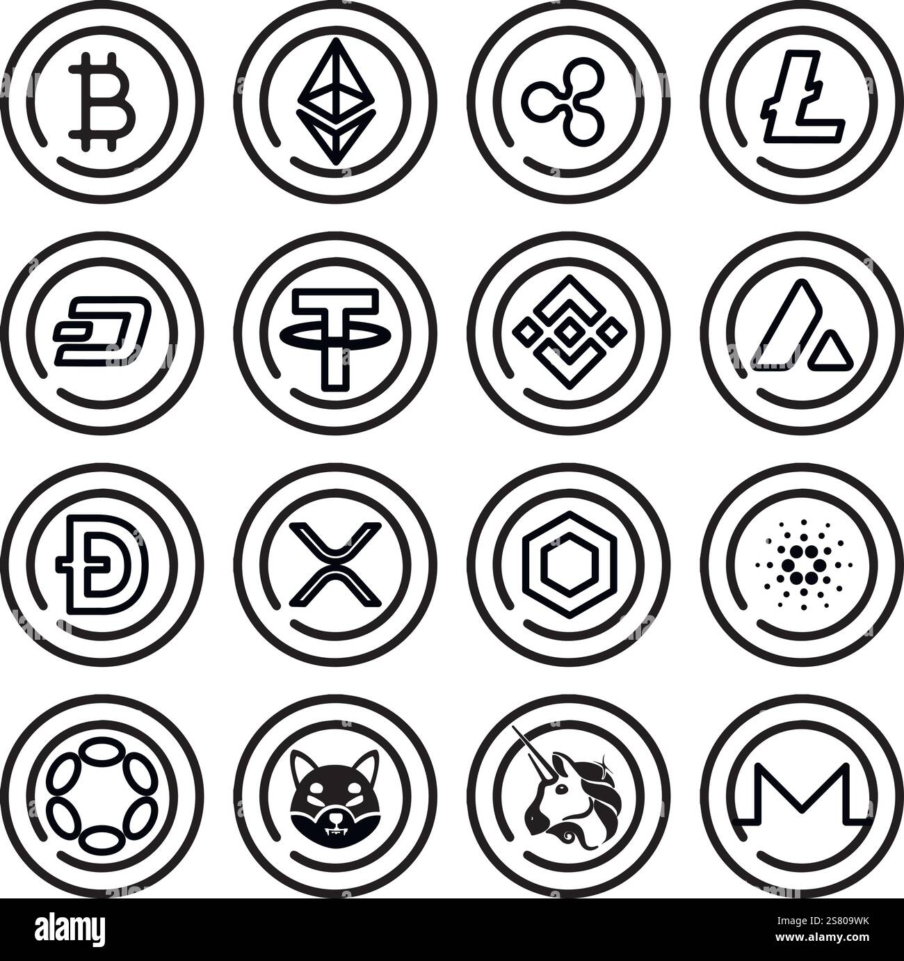 Jeu de logos d'iconographie de crypto-monnaie populaire dessiné avec des lignes noires Illustration de Vecteur