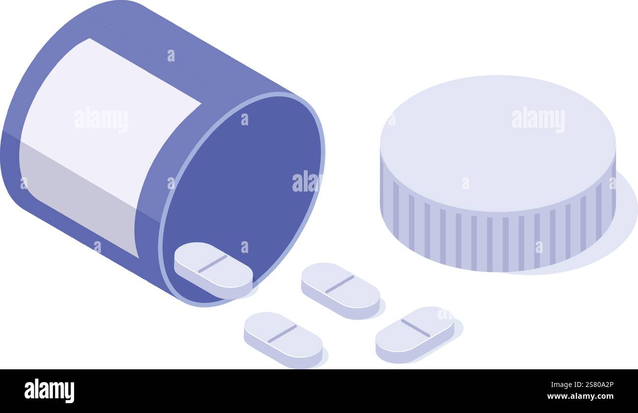 Ouvrir bouteille de pilule laissant tomber les pilules sur fond blanc avec son bouchon de côté, vue isométrique du produit pharmaceutique pour les soins de santé et la médecine Illustration de Vecteur