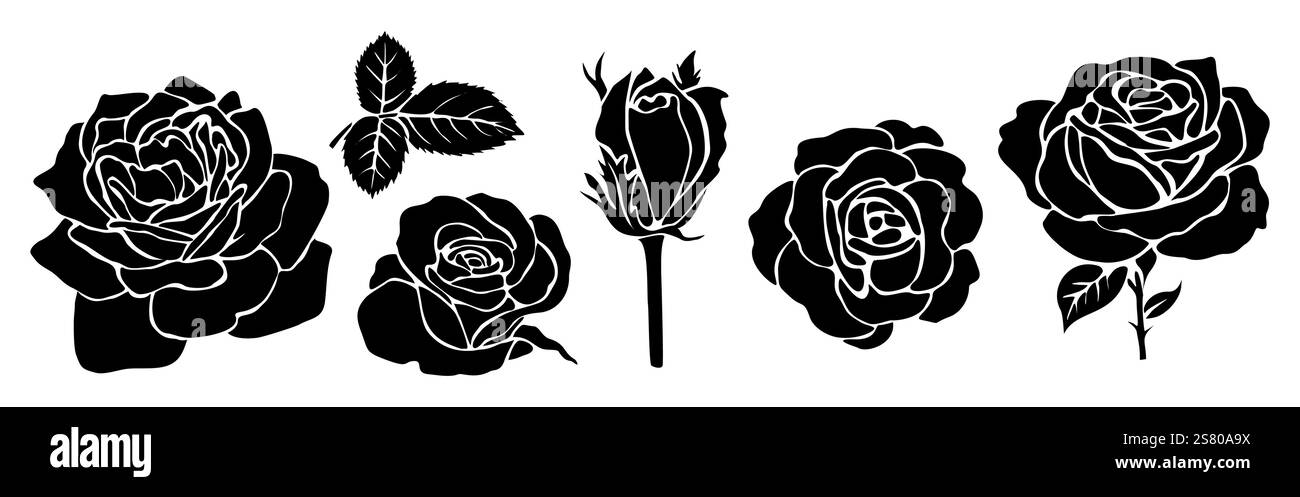Ensemble de silhouettes noires de roses fraîches décoratives Illustration de Vecteur