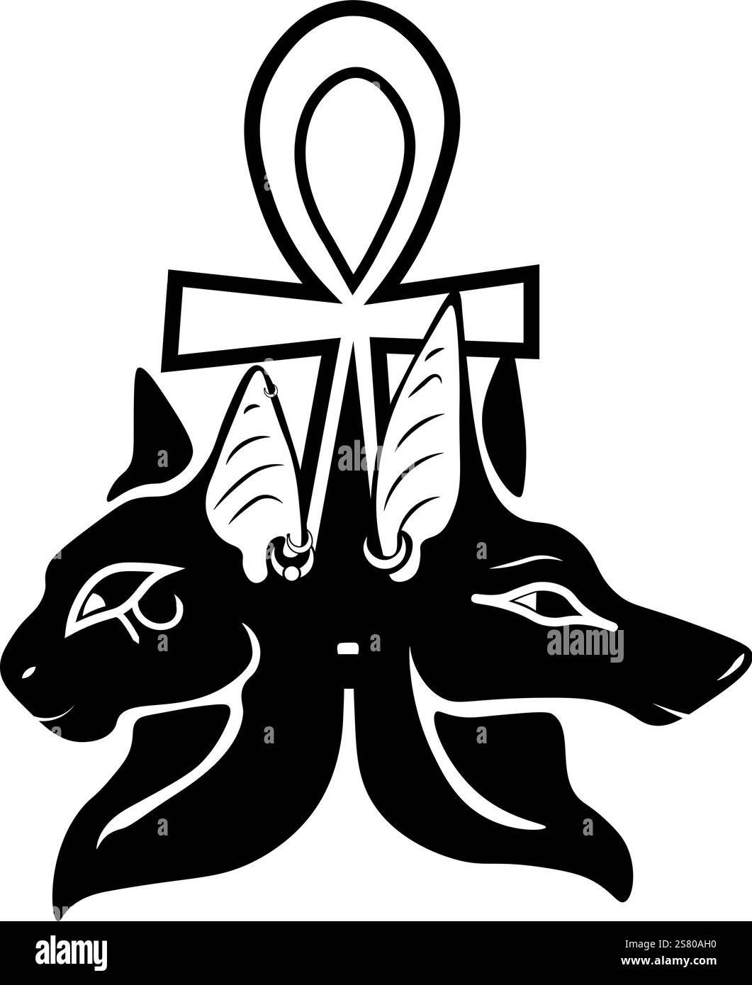 Croquis noir et blanc pour un tatouage de deux dieux égyptiens Anubis et Bassett sur fond d'ankh. Illustration de Vecteur