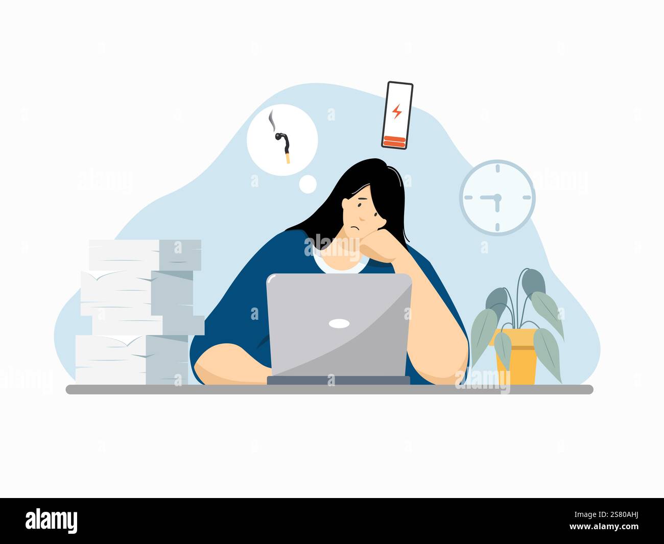 Burnout, femme fatiguée travaillant sur ordinateur à l'illustration vectorielle plate du bureau Illustration de Vecteur