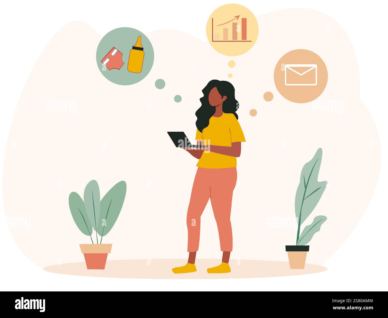 Femme debout avec une tablette, entourée d'icônes représentant les affaires, la maternité et les médias en ligne. Style minimaliste avec un fond clair Illustration de Vecteur