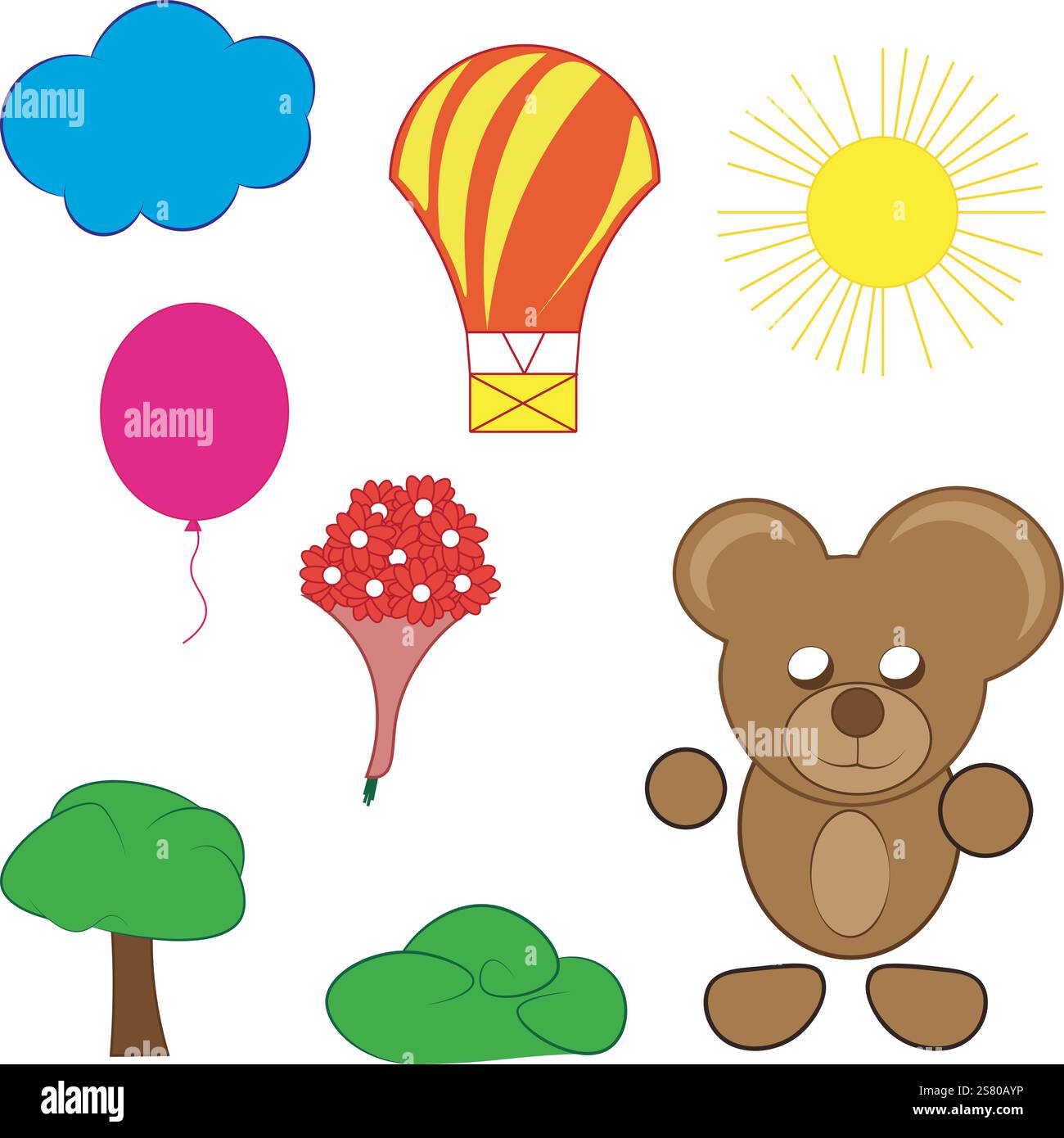 Ours, fleurs, ballon et autres éléments et personnages pour le dessin animé flash des enfants Illustration de Vecteur