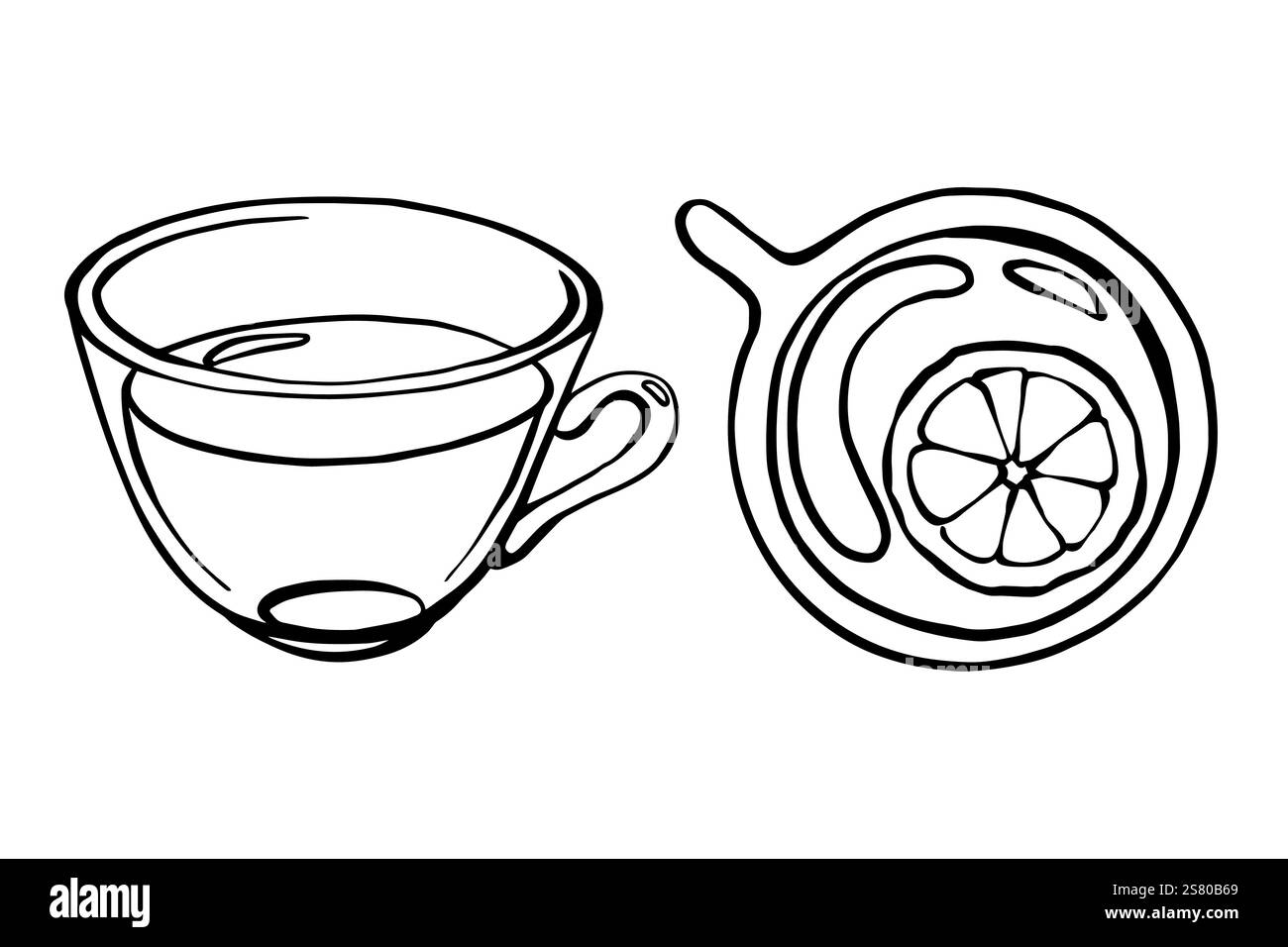 Tasse de thé en verre avec front de citron et dessin de contour noir et blanc à angle élevé Illustration de Vecteur