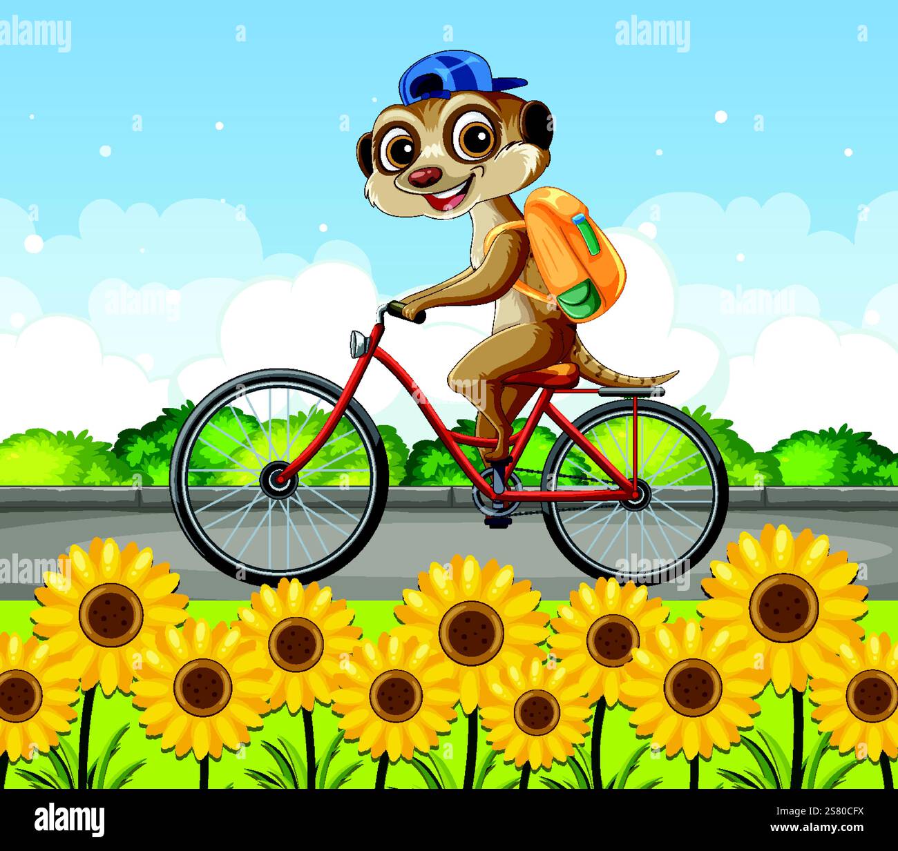 Une suricate fait du vélo devant des tournesols Illustration de Vecteur
