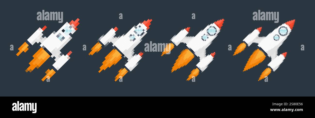 Pixel art fusée avec des pistes enflammées, des jeux rétro, des designs sur le thème de l'espace, des applications ou des animations. style 8 bits pour la technologie, la science-fiction et le futurisme Illustration de Vecteur