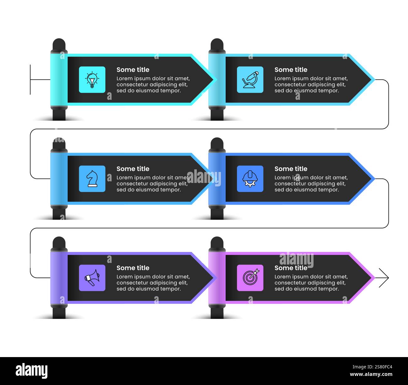 Modèle d'infographie avec icônes et 6 options ou étapes. Flèche. Peut être utilisé pour la mise en page de flux de travail, le diagramme, la bannière, la conception Web. Illustration vectorielle Illustration de Vecteur