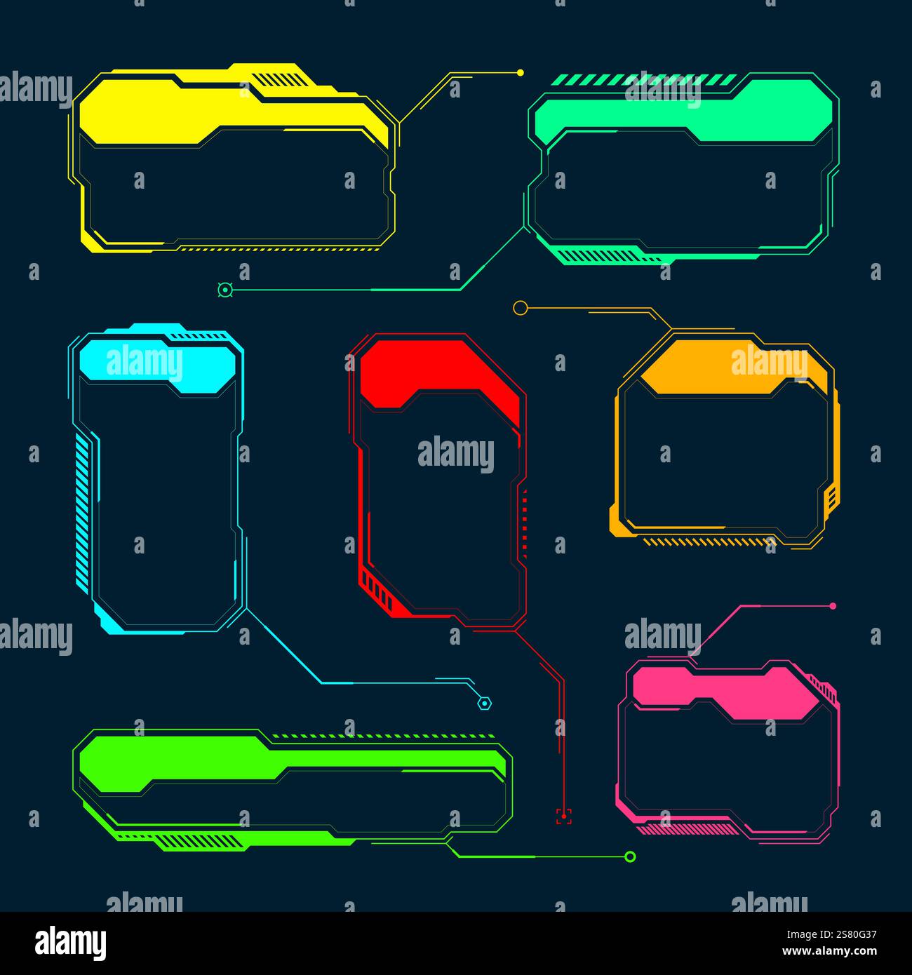 Éléments HUD ou UI futuristes. Zones de texte et légendes de l'interface utilisateur SCI-fi. Cadre de message d'avertissement coloré, modèle de boîtes d'information. Jeu moderne Illustration de Vecteur