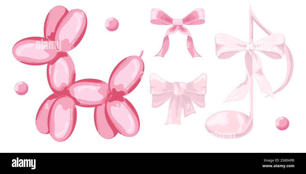 Illustration vectorielle de l'arc vintage girly rose, note et ensemble de chien ballon. Rubans isolés. Accessoires tendance pour filles. Éléments de coiffure mignons Illustration de Vecteur