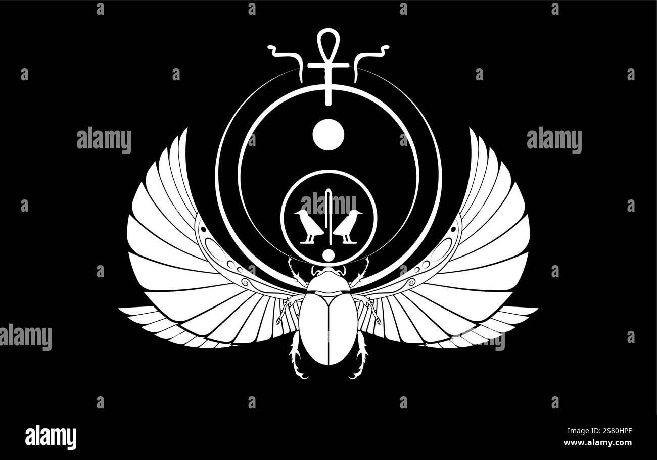 décoration murale scarabée sacrée égyptienne. coléoptère avec ailes. Illustration vectorielle logo blanc, personnifiant le dieu Khepri. Symbole de l'Égypte antique Illustration de Vecteur