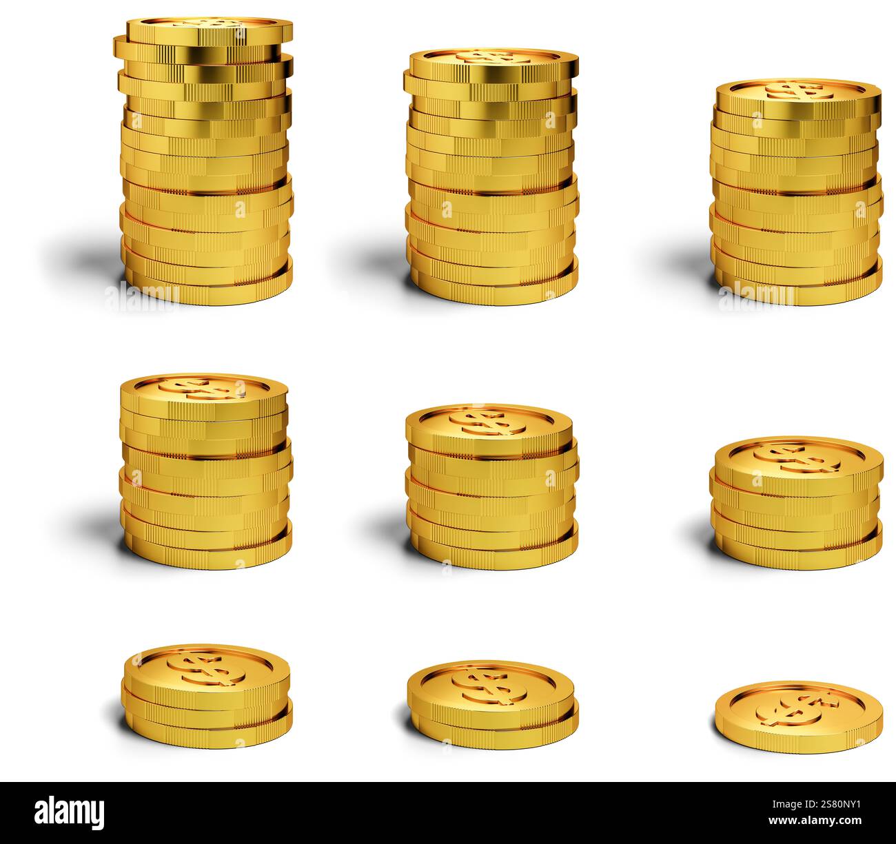 Différentes piles de pièces d'or avec un rebord rainuré et un gaufrage de signe Dollar sur fond transparent avec des ombres portées semi-transparentes Banque D'Images