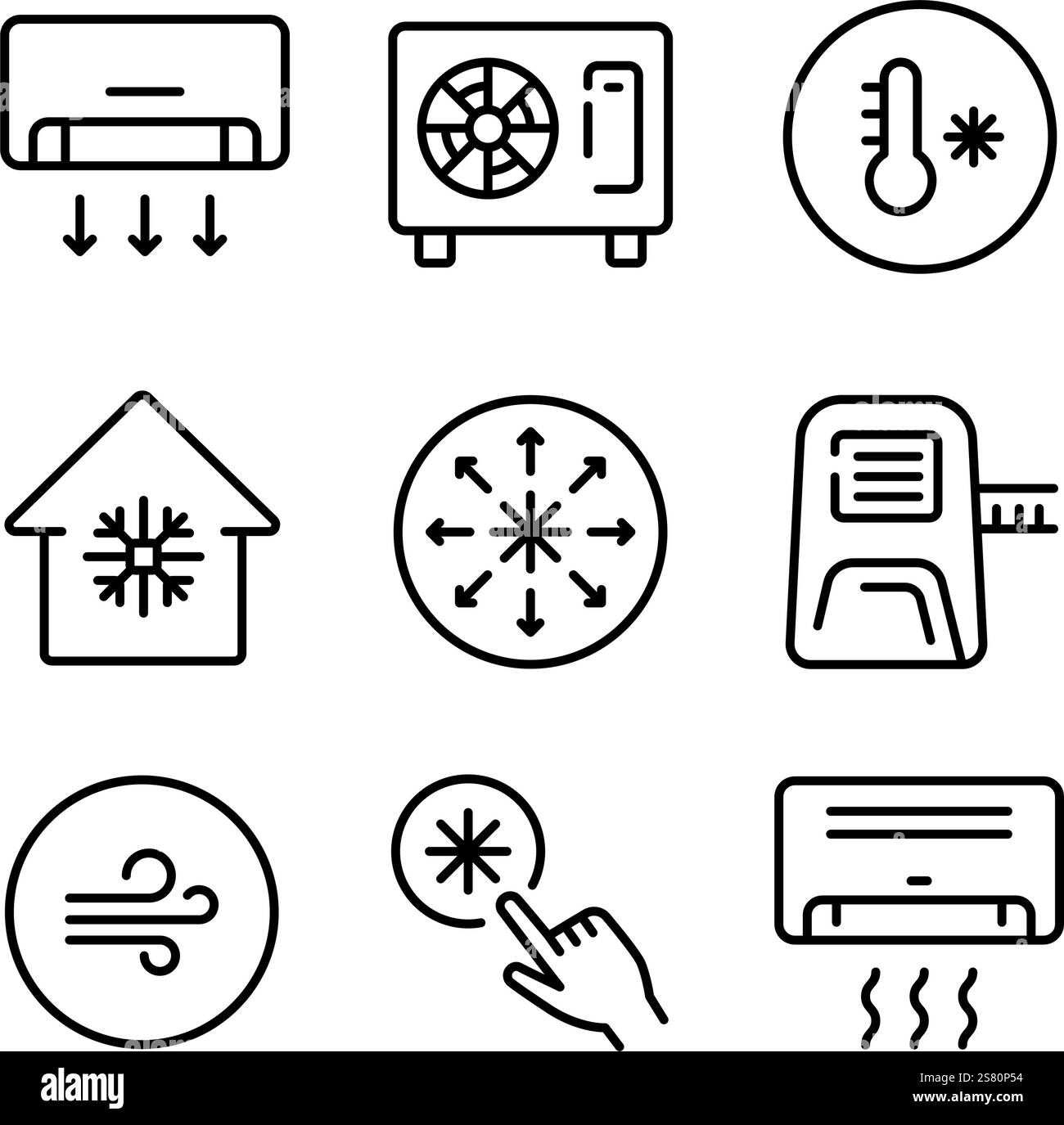 Icônes du climatiseur réglées. Appareil électroménager. EQUIPEMENT électrique. Collection d'icônes de ligne vectorielle pour votre site Web, mobile, présentation et conception de logo Illustration de Vecteur