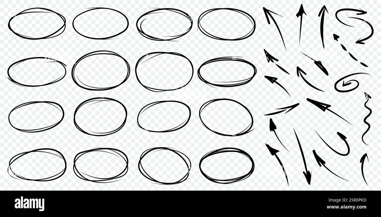 Esquisse de ligne de cercle et icône de flèche dans le style dessiné à la main. Illustration de vecteur de griffonnage circulaire sur fond isolé. Panneau à bulles au crayon ou au stylo Illustration de Vecteur