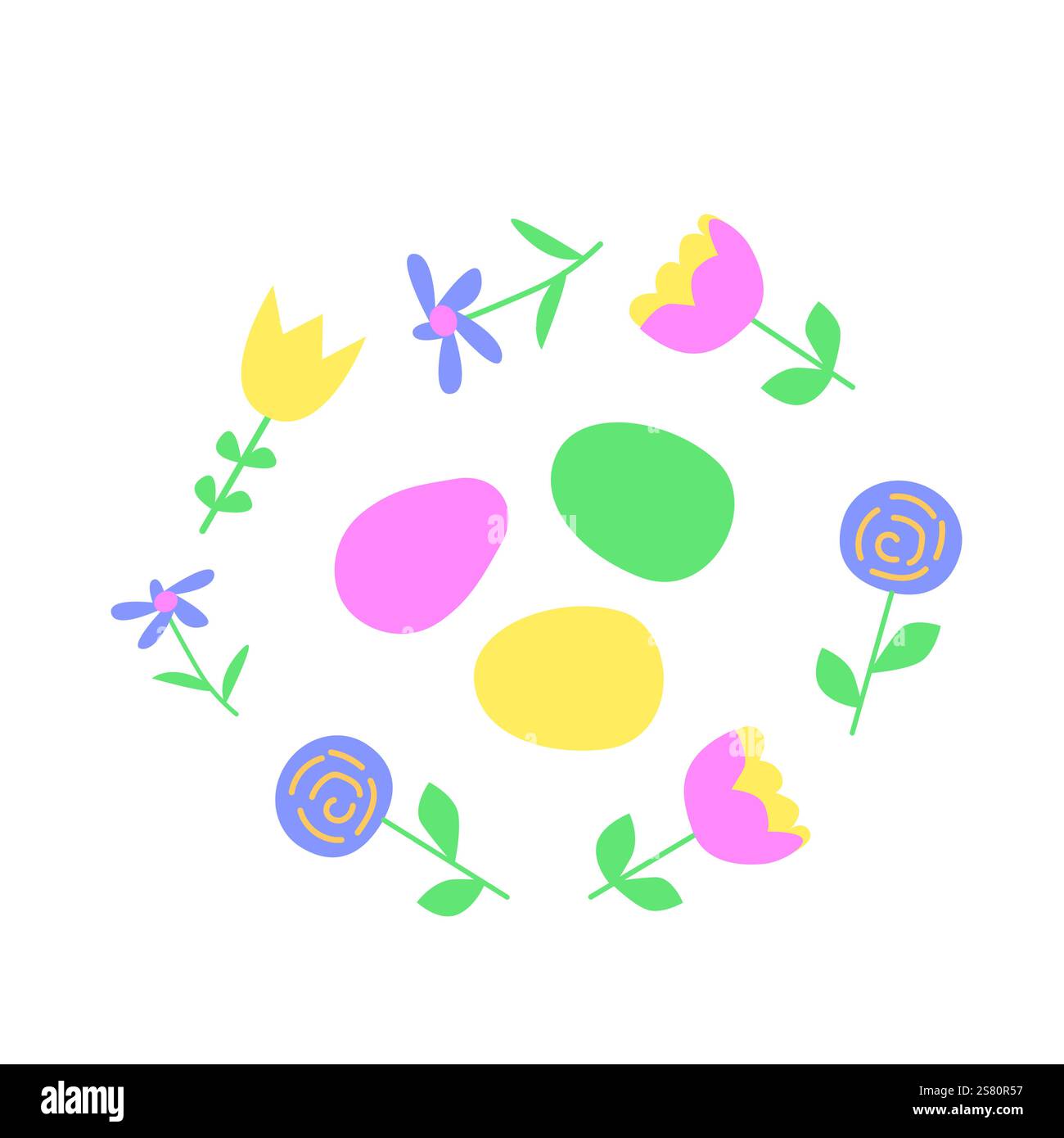 Fleurs de printemps colorées et œufs de pâques en motif circulaire. Illustration de Vecteur Fleurs de printemps colorées et œufs de pâques en motif circulaire. Illustration de Vecteur