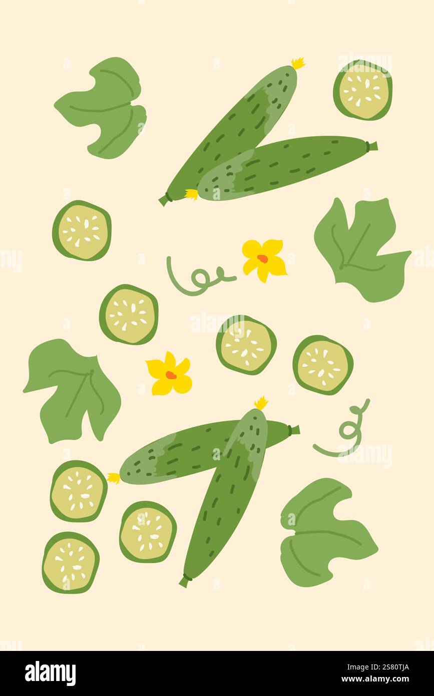 Motif concombres et feuilles avec fleurs jaunes sur fond beige. Illustration de Vecteur Motif concombres et feuilles avec fleurs jaunes sur fond beige. Illustration de Vecteur