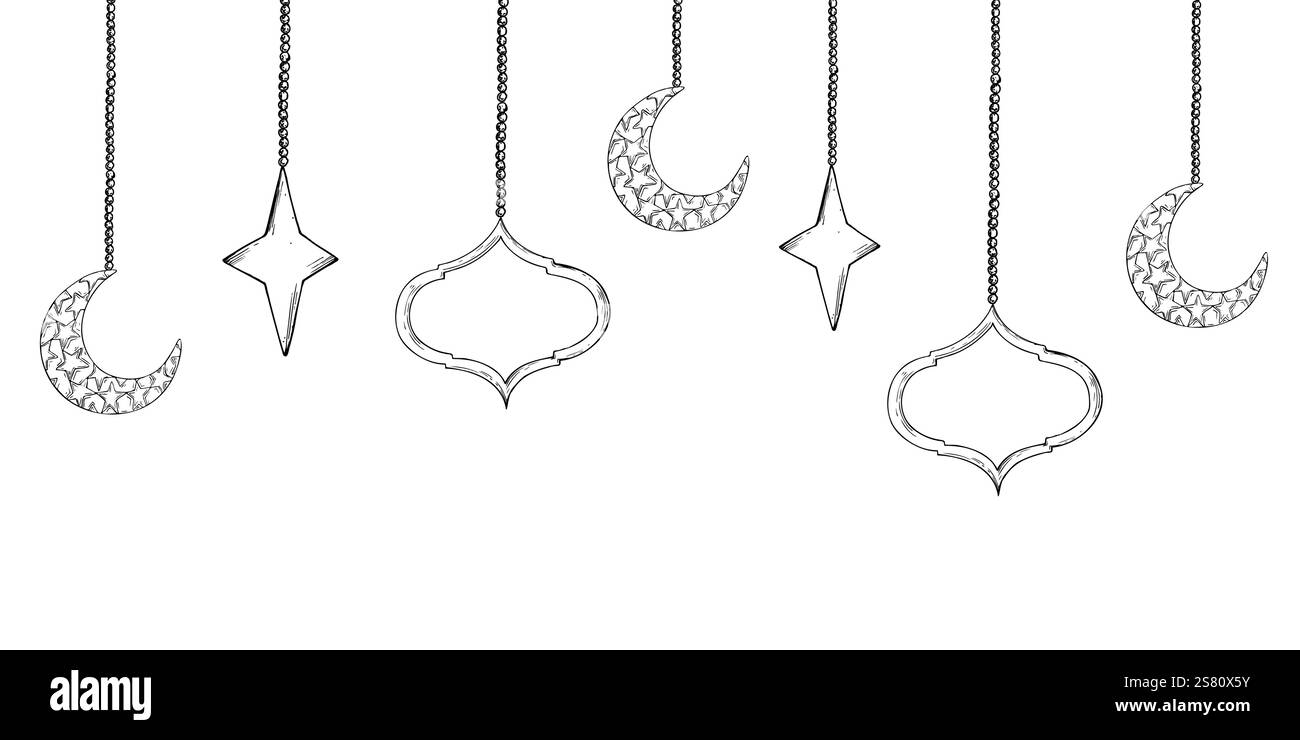 Cadre vectoriel avec mosaïque arabe marocaine, étoiles en croissant sur chaînes. Illustration graphique isolée sur fond blanc. Croquis dessiné à la main musulman Illustration de Vecteur
