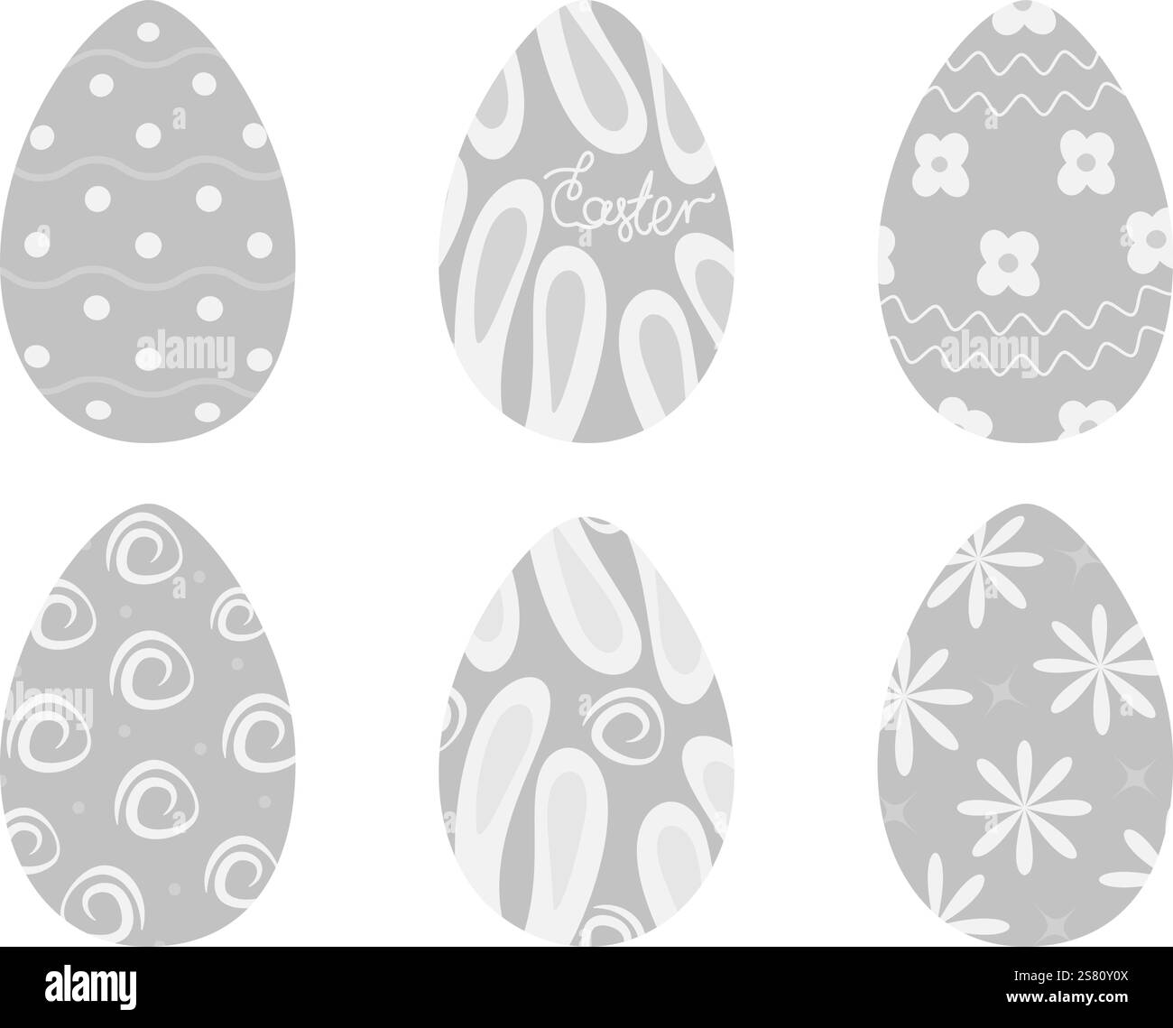 Oeufs de Pâques décorés différents motifs dessinés à la main en niveaux de gris. Set 6 idées d'éléments de conception de Pâques. Illustration vectorielle isolée cartes thématiques, prix, étiquettes, livret ou bannière promo web, dépliants Illustration de Vecteur