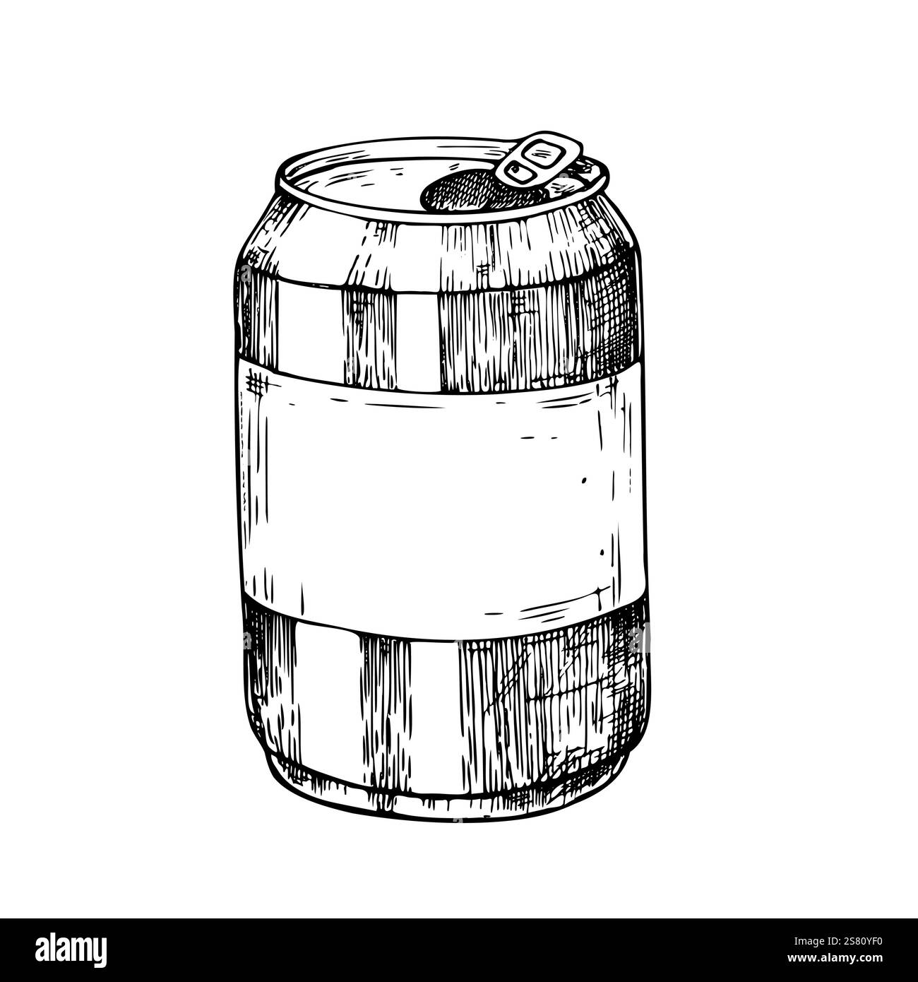 Canette de soude en aluminium vectoriel avec la poignée d'anneau montrant Graphic encre ALE, boisson, illustration de bière isolé sur fond. Esquisse de ligne dessinée à la main. Pour Illustration de Vecteur